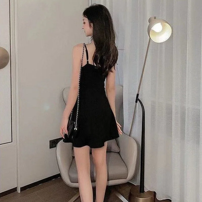 Dress Women Spaghetti Strap Sexy Ladies Abdomen A-line Mini Black Sundress Inside Korean Style Club Street Elegant Solid Trendy