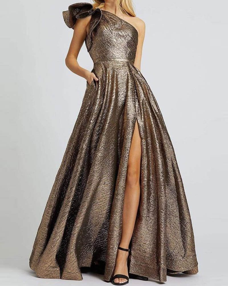 Slanted shoulder shiny maxi dress gown