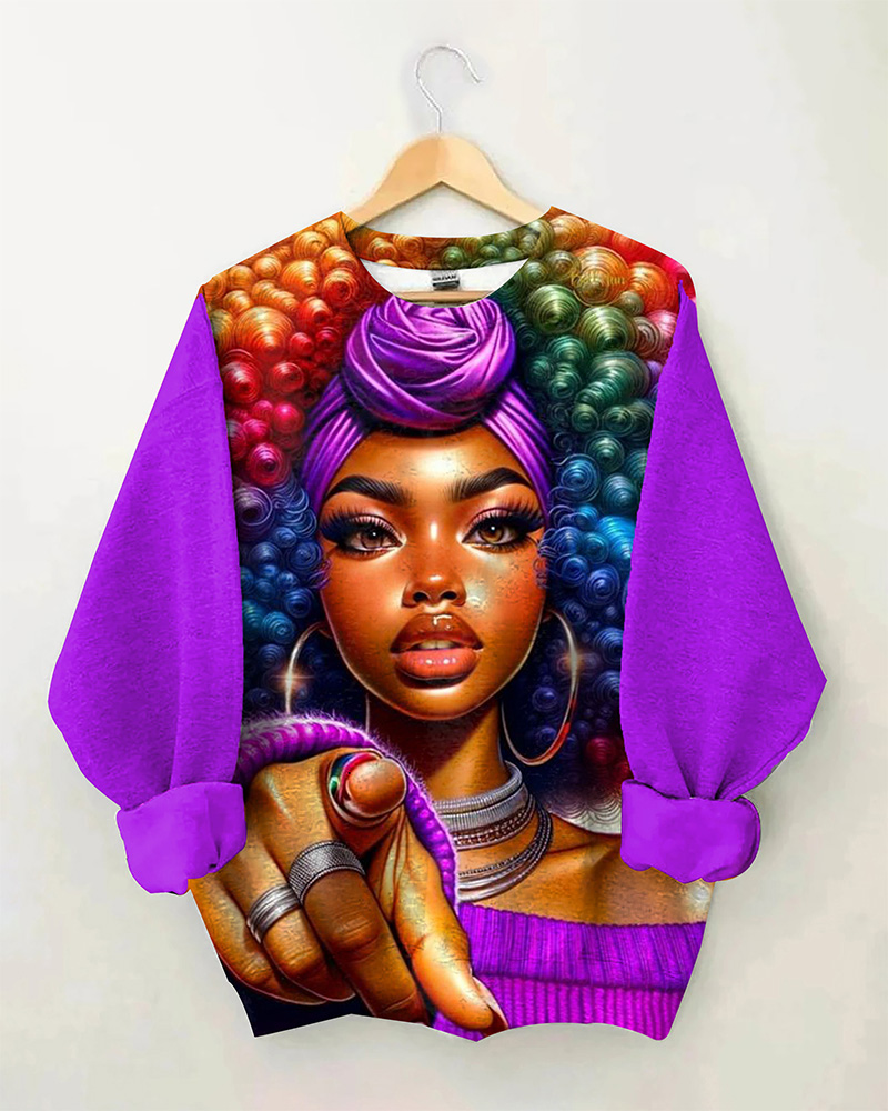 Black Girl Colored Afro Round Neck Long Sleeve Top