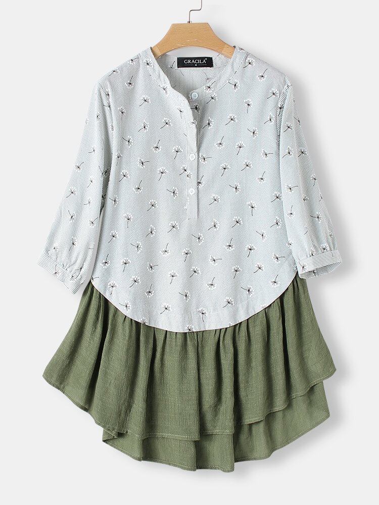 Floral Stripe Print Half Sleeve Patchwork Blouse For Women P1652059