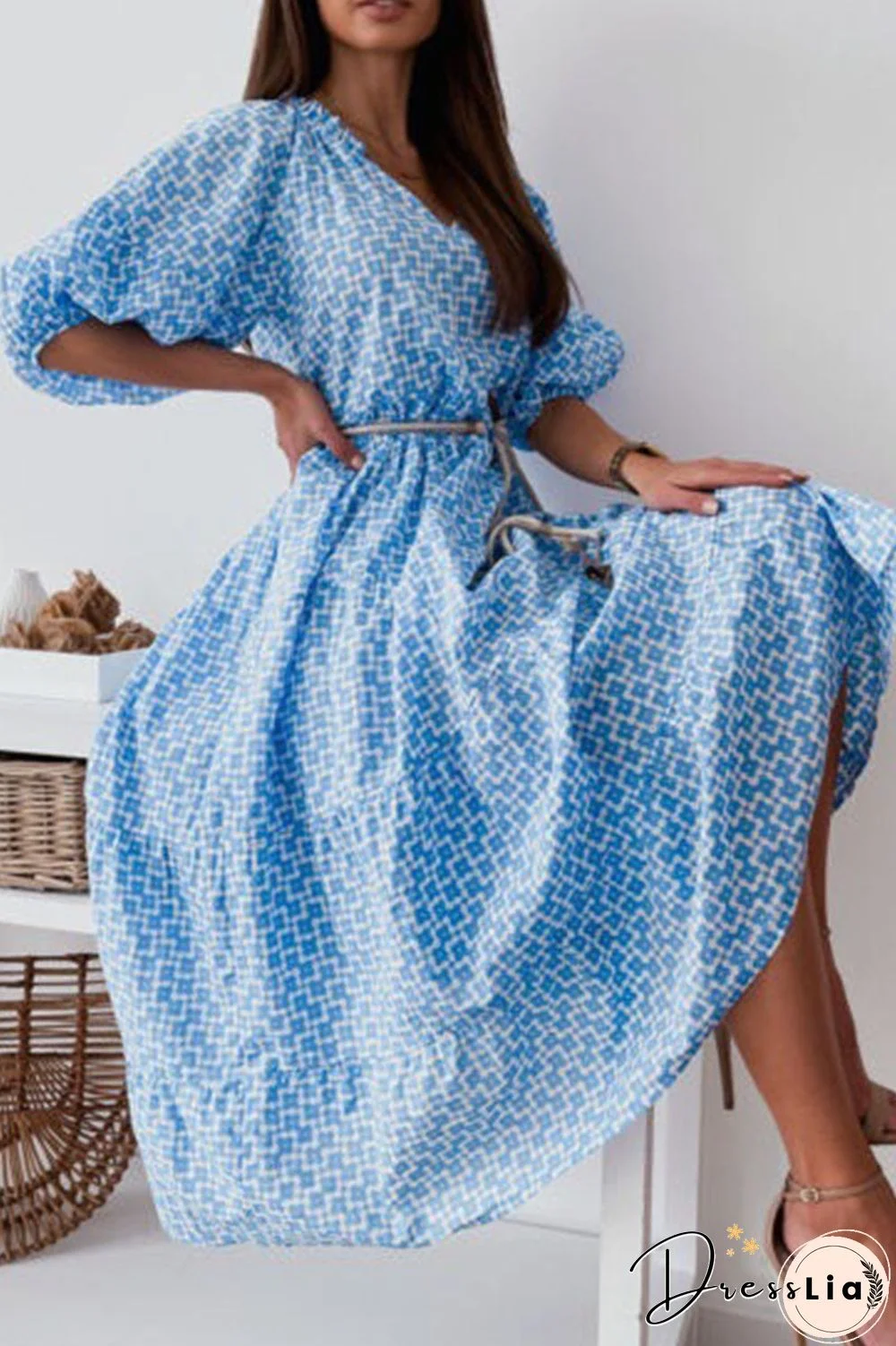 Fashion Street Print Split Joint V Neck A Line Dresses