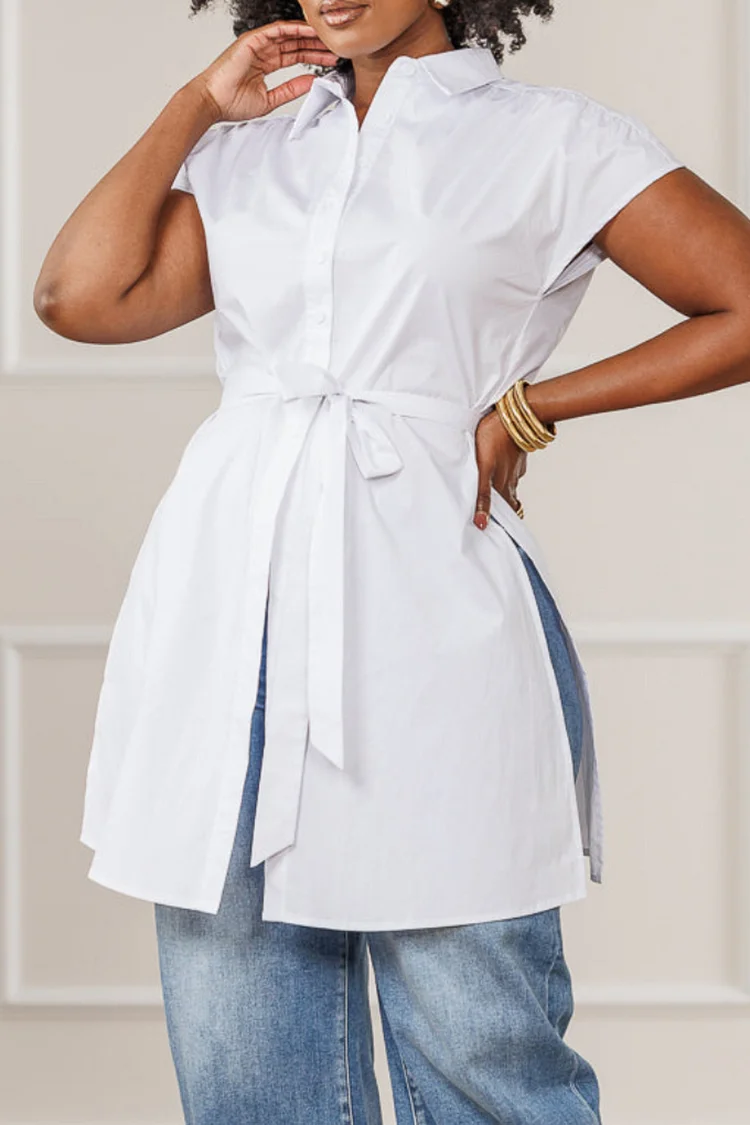 Plus Size Business Casual White Shirt Collar Cap Sleeve Short Sleeve Split Casual Pleated Blouses [Pre-Order] 2024 - Xpluswear