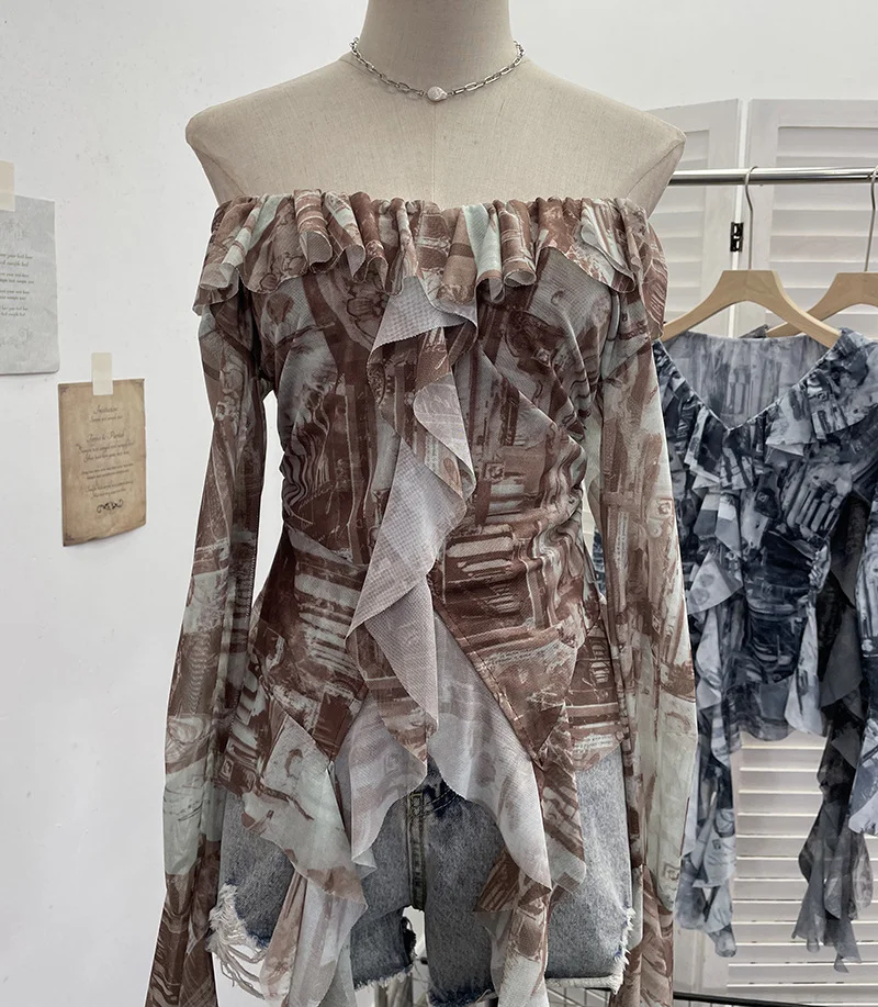 Nigikala Nigikala Shooting Retro Shoulder Tie-Dye Net Horn Long-Sleeved T-Shirt Irregular Lotus Leaf Side Ribbon Y2k Top 8012