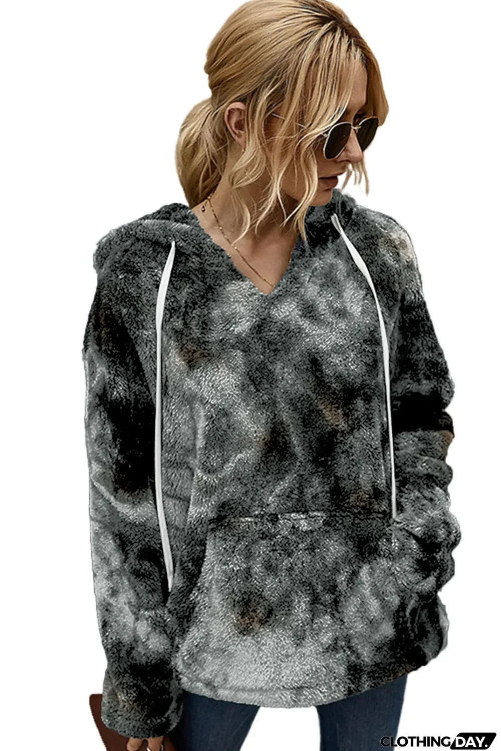 Black V-Neck Tie-Dye Plush Pullover Hoodie