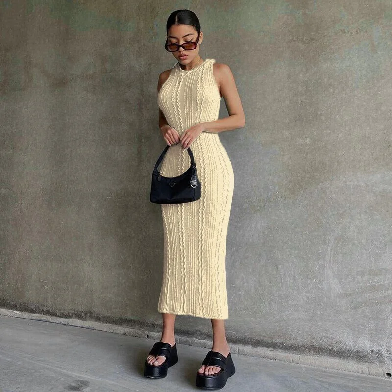 Hugcitar 2021 Sleeveless O-Neck Sweater Bodycon Crochet Solid Sexy Dress Summer Women Streetwear Party Club Elegant Clothing Y2K