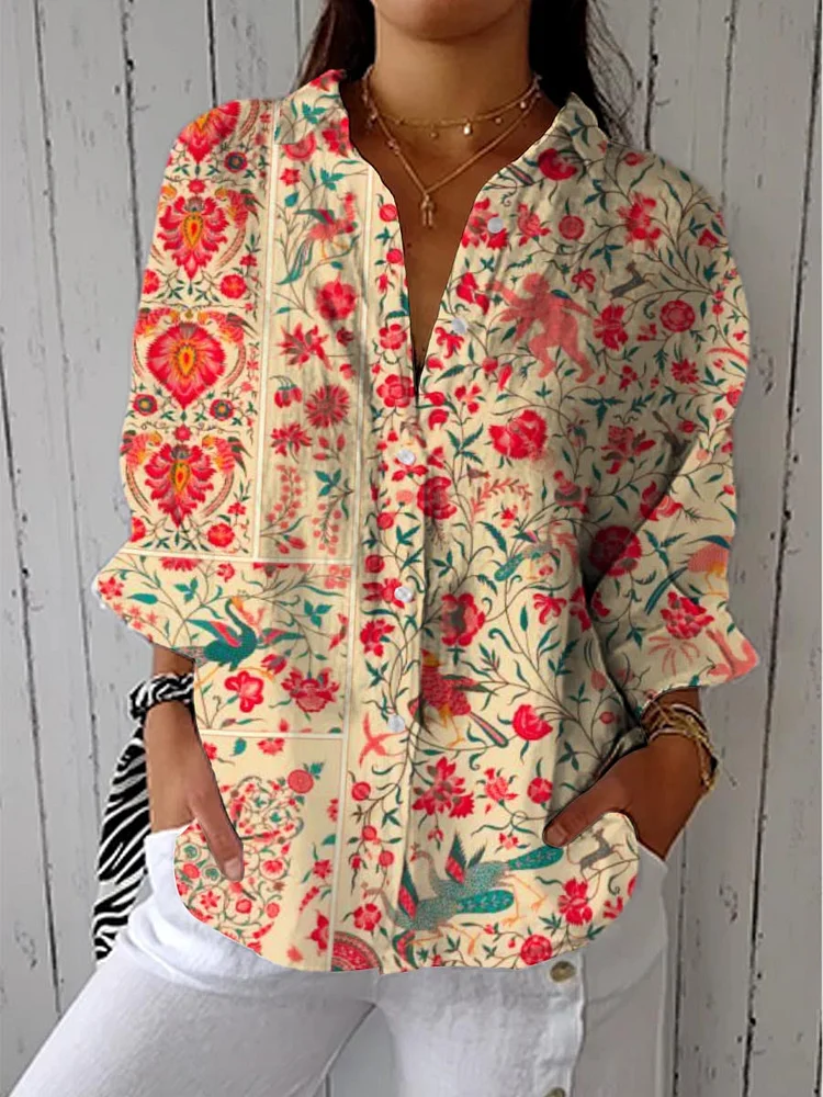 Women's Vintage Floral Pattern Art Print Casual Cotton Linen V-neck Shirt