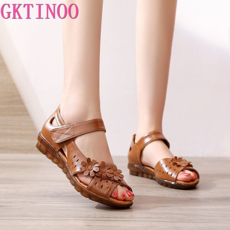 GKTINOO Genuine Leather Peep Toe Ladies Sandals Summer Shoes Women Low Heel 2021 Hook & Loop Soft Comfort Flat Sandals Woman