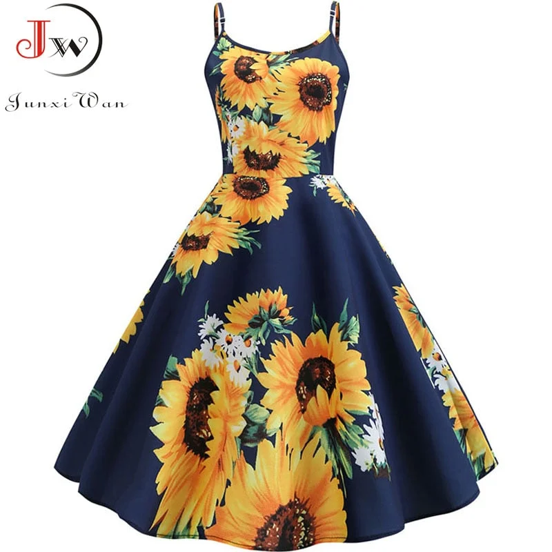 Summer Women Dress  Sexy Sunflower Print Tunic Beach Dress Sundress White Spaghetti Strap Swing Vintage Rockabilly Dresses