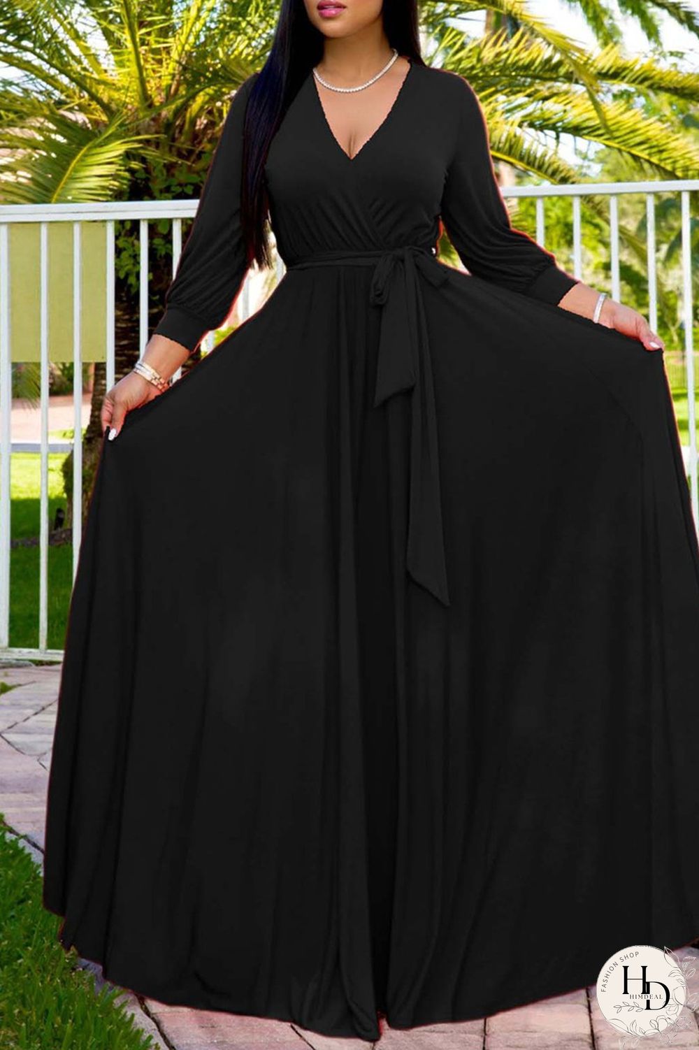 Rose Red Fashion Casual Solid Bandage V Neck Long Sleeve Dresses