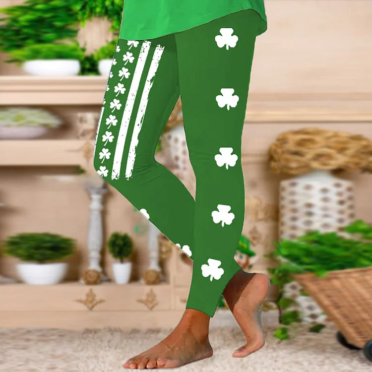 VChics Women's St. Patrick's Day America Flag Shamrock Print Leggings