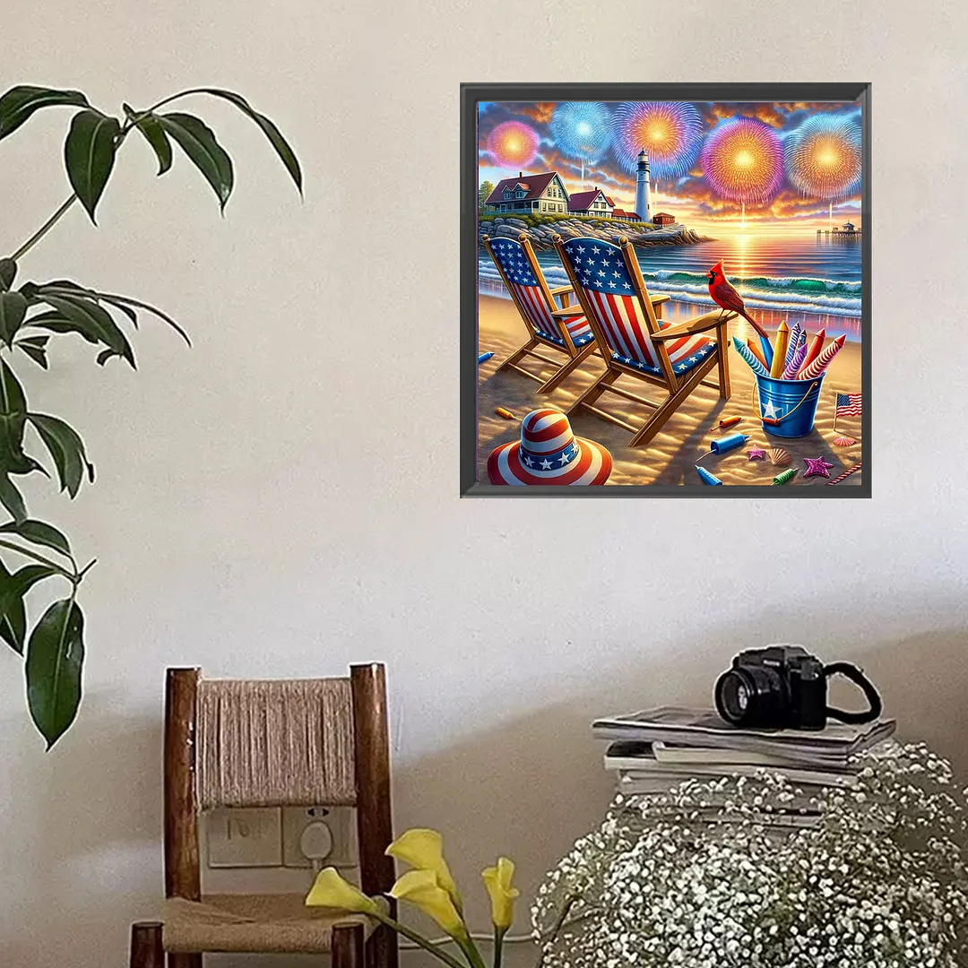 Patriotic Beach Sunset Full DIY 5D Square Drill Diamond Painting Gem Art for Adults/Beginners Gift Idea Home Wall Decor Diamond Dots Paintings Picture Arts Craft 13.78x13.78In