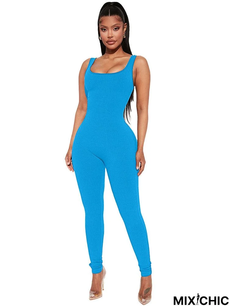 Bodycon Sleeveless Backless Off Shoulder Ribbed Knit Jumpsuit