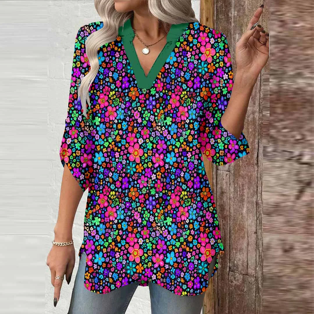 Women Color, Flowers, Purple DZGA0460 3/4 Sleeve V-neck Printed Graphic Button Tops