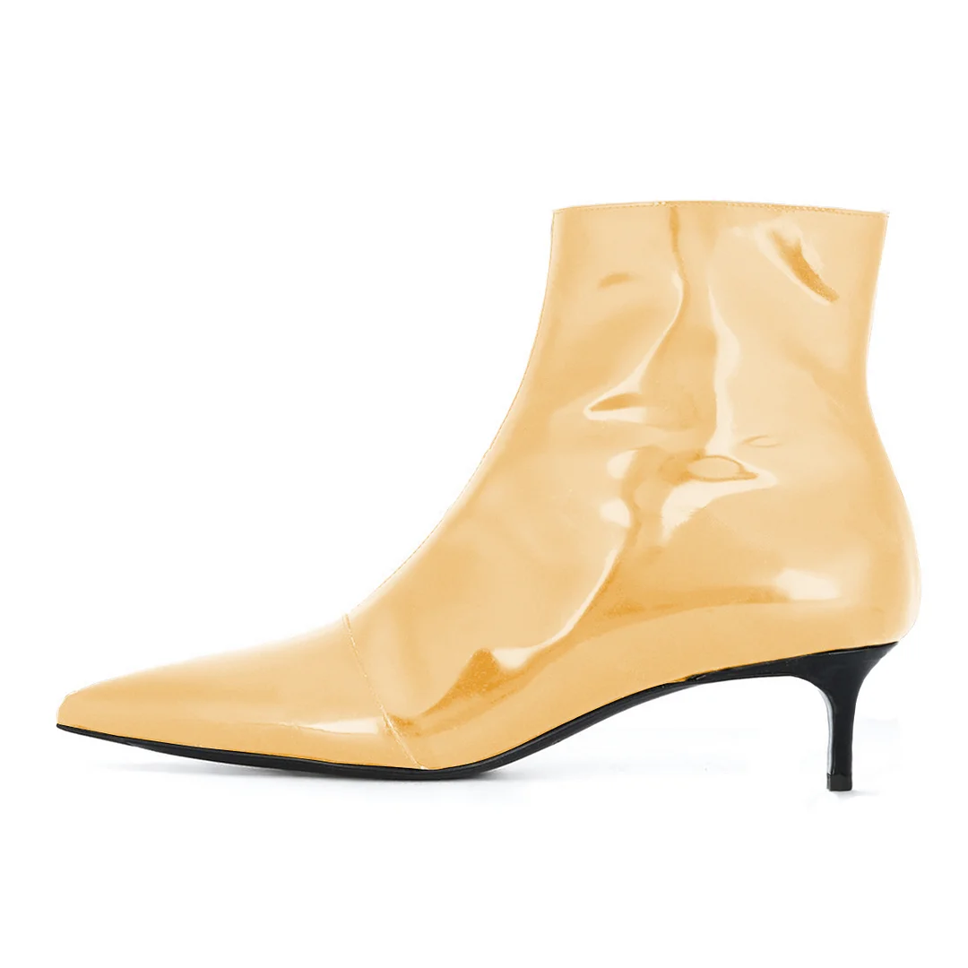 Women's Patent Leather Pointed Side-Zip Kitten Heel Gold Ankle Boots