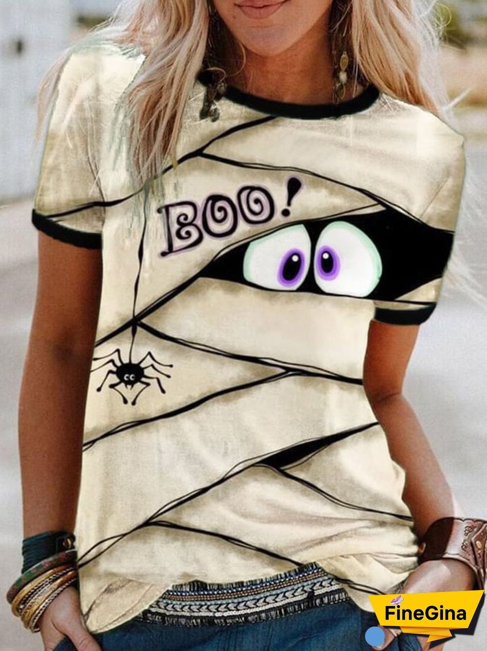 Women's Halloween Peek Monster Print T-Shirt