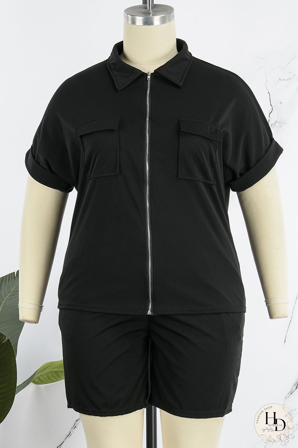 Black Casual Solid Patchwork Turndown Collar Plus Size Two Pieces