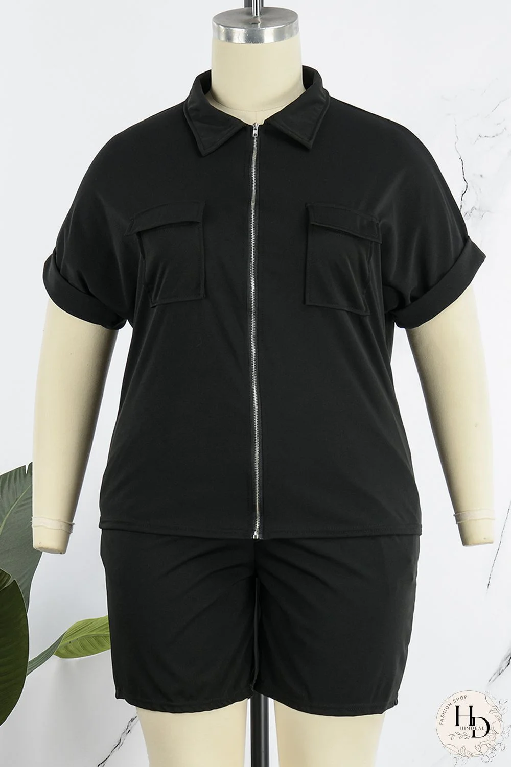 Black Casual Solid Patchwork Turndown Collar Plus Size Two Pieces