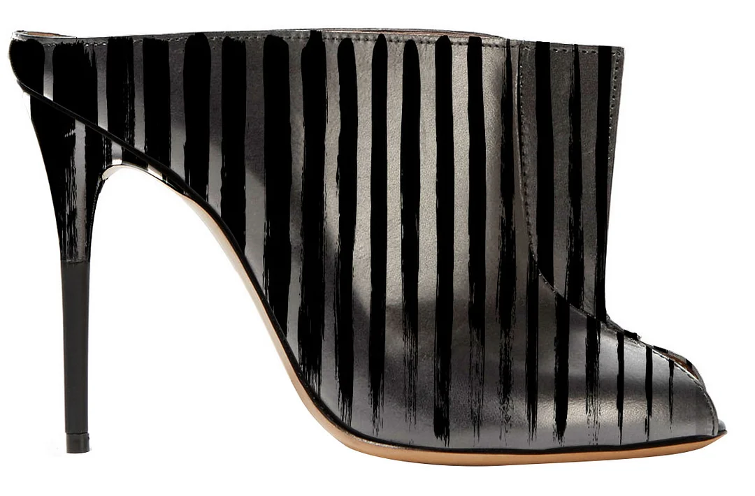 In Seaon Black and Silver Striped Stiletto Heels Trendy Mules Nicepairs