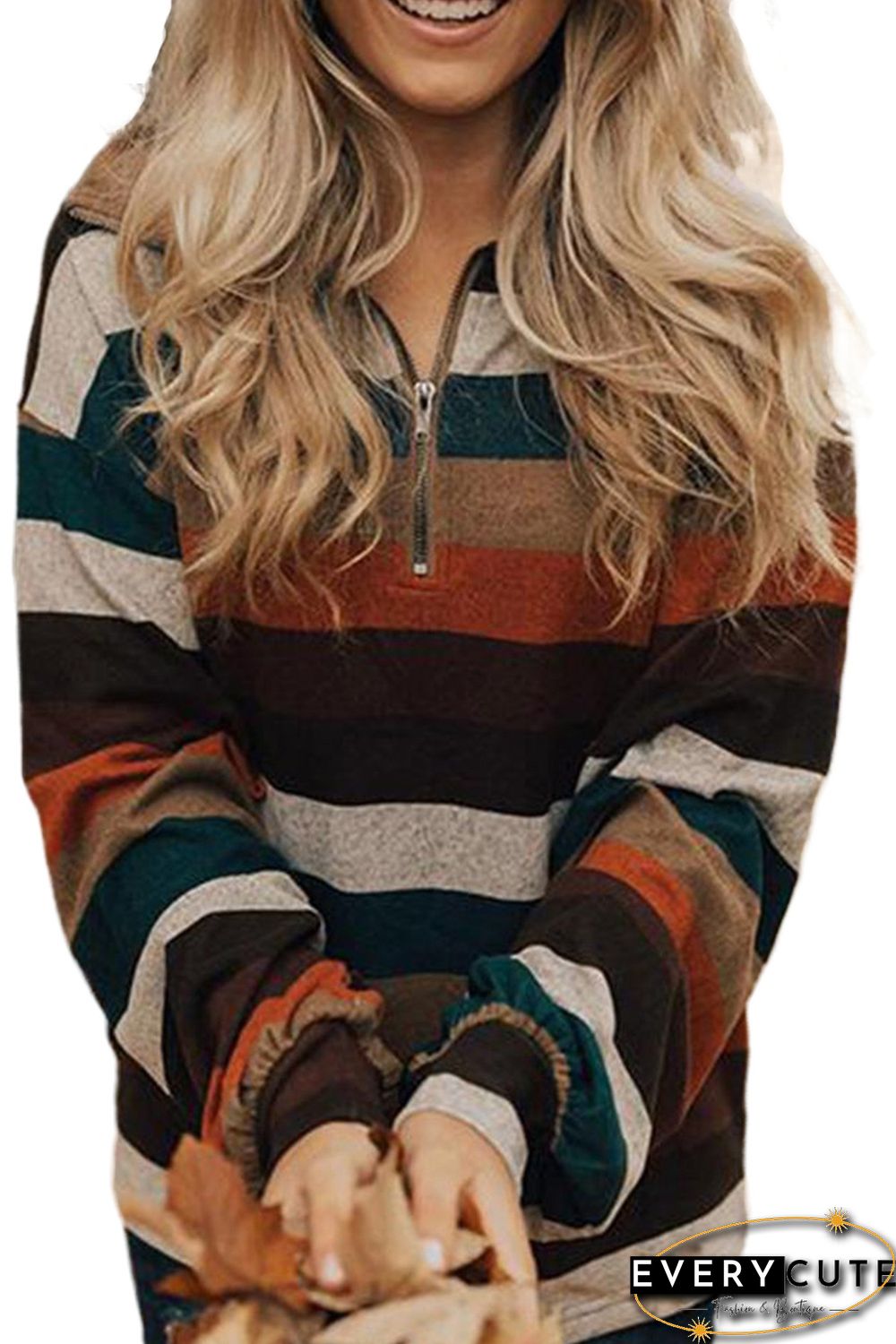 Multicolor Cotton Blend Color Block Casual Sweatshirt