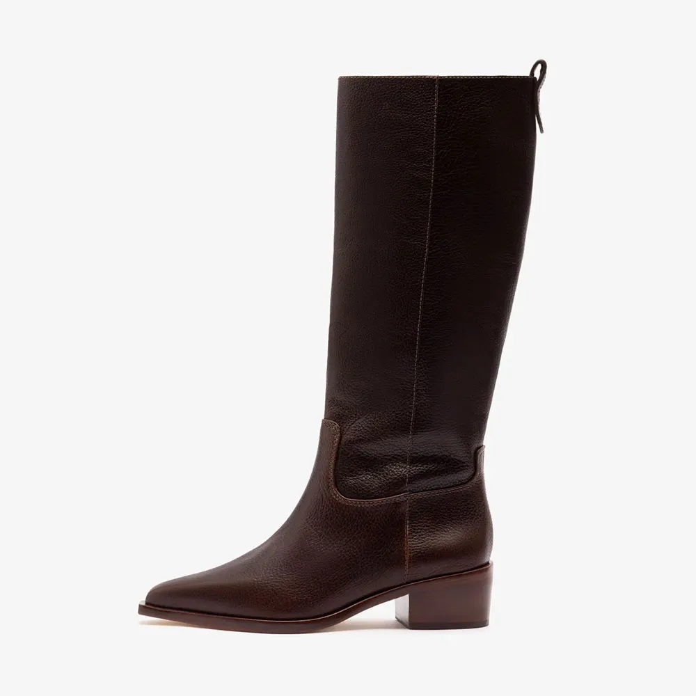 Women's Mid Block Heel Chocolate Brown Slip On Pointed Toe Boots