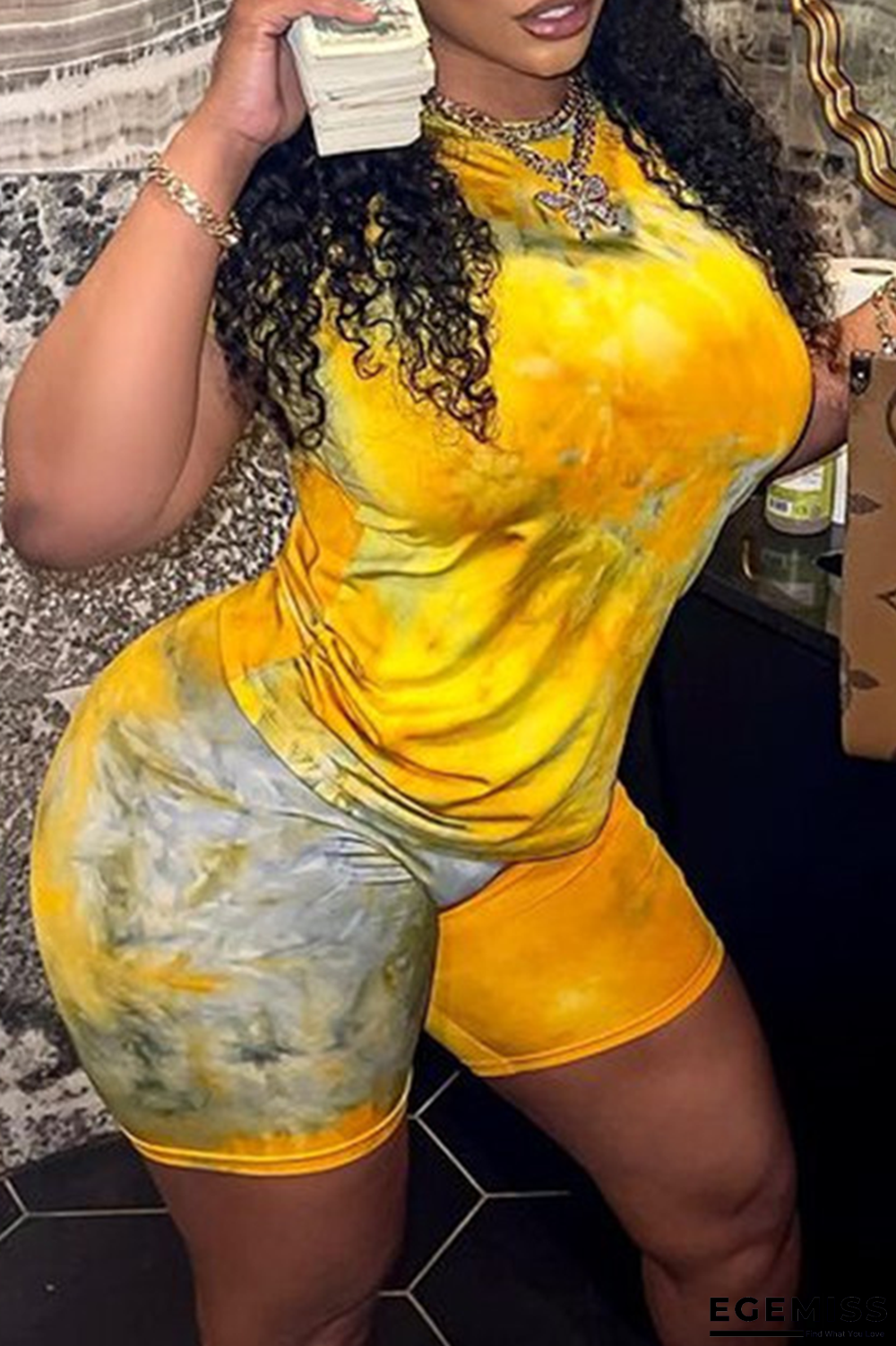 Yellow Casual Print Patchwork O Neck Short Sleeve Two Pieces | EGEMISS