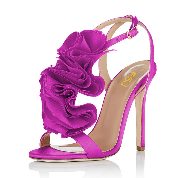 Fuchsia Prom Shoes Satin Flower Stiletto Heel Evening Sandals |FSJ Shoes