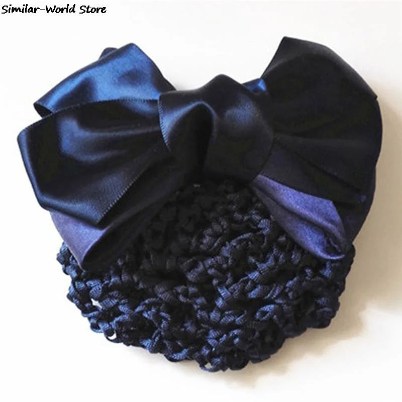 Satin Bow Rhinestone Barrette Lady Hair Clip Cover Bowknot Net Bun Snood