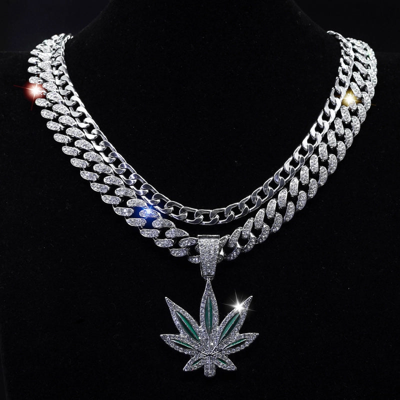 Hot Sale Fashion Hip Hop Long Twin Maple Leaf Necklace Men And Women Street Personality Diamond Stud Cuban Link Chain