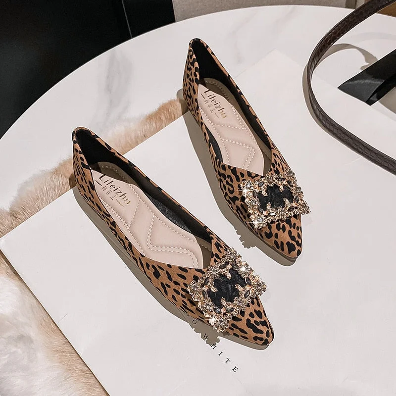 square crystal buckle ballet flats women leopard single shoes pointed toe rhinestone flower OL shoes woman slip on loafer size43