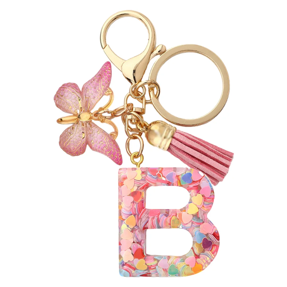 Resin Initial Letter Keychains Alphabet Letter Keychain Pink Tassel Butterfly Key Ring