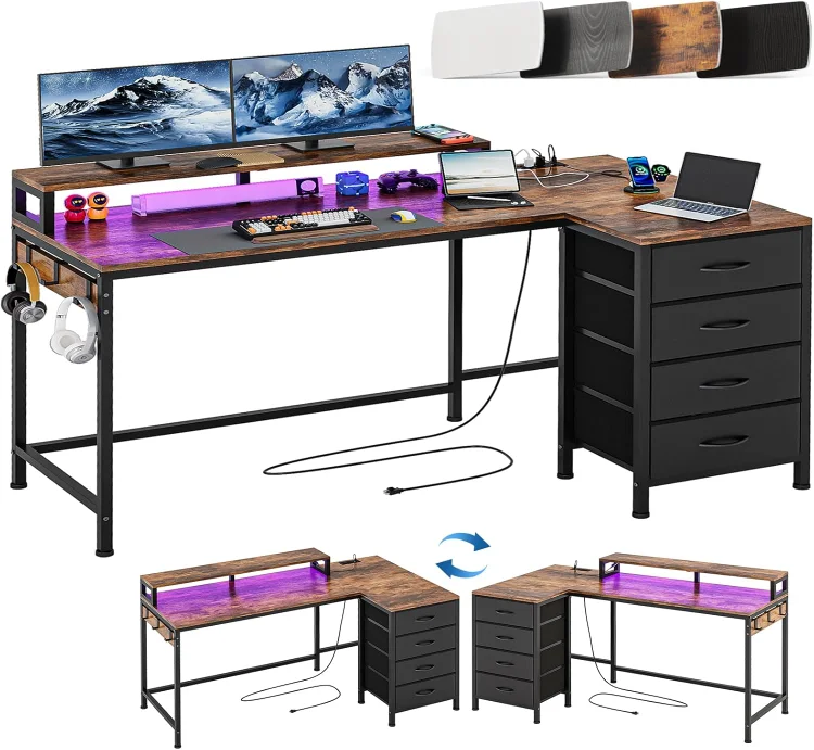 Simple Wisdom Escritorio, Tipo L Escritorio Gamer, Escritorio Minimalista, Escritorio Esquinero, Escritorio para Viene con Caj&oacute;n de Tela, Regleta, Regleta de luz y Soporte para Monitor (Negro)