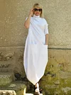 White Loose High-neck Asymmetric Long Dress