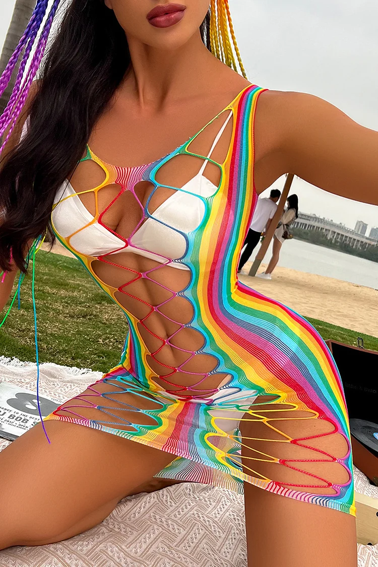 Rainbow Striped Mesh Cut Out Sleeveless Bodycon Mini Dress