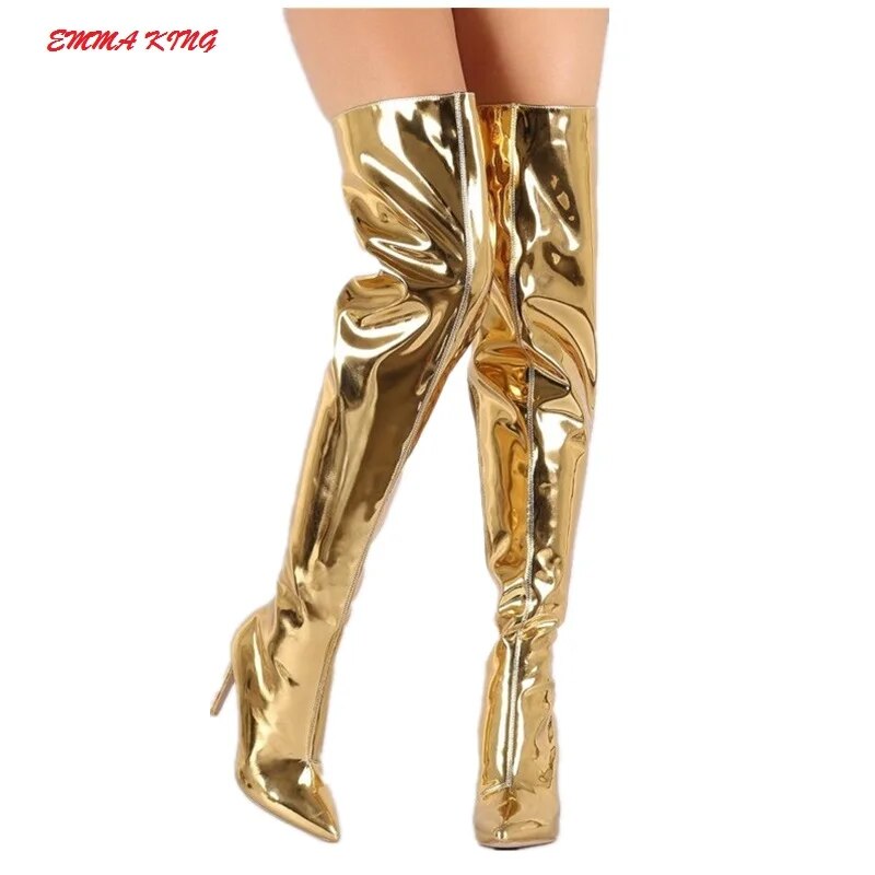 Women Over The Knee Boots High Heels Patent Leather Pointed Toe Ladies Shoes Thigh High Boots Women