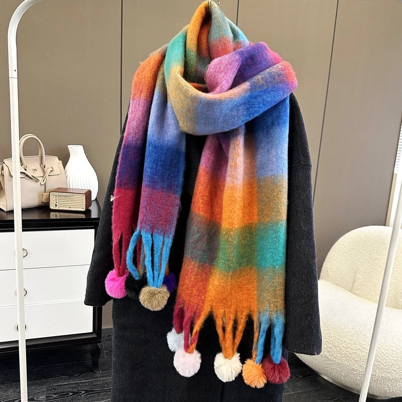 New Rainbow Stitching Dyed Plaid Scarf Women’s Winter Atmosphere Long Style Thickened Tassel Scarf
