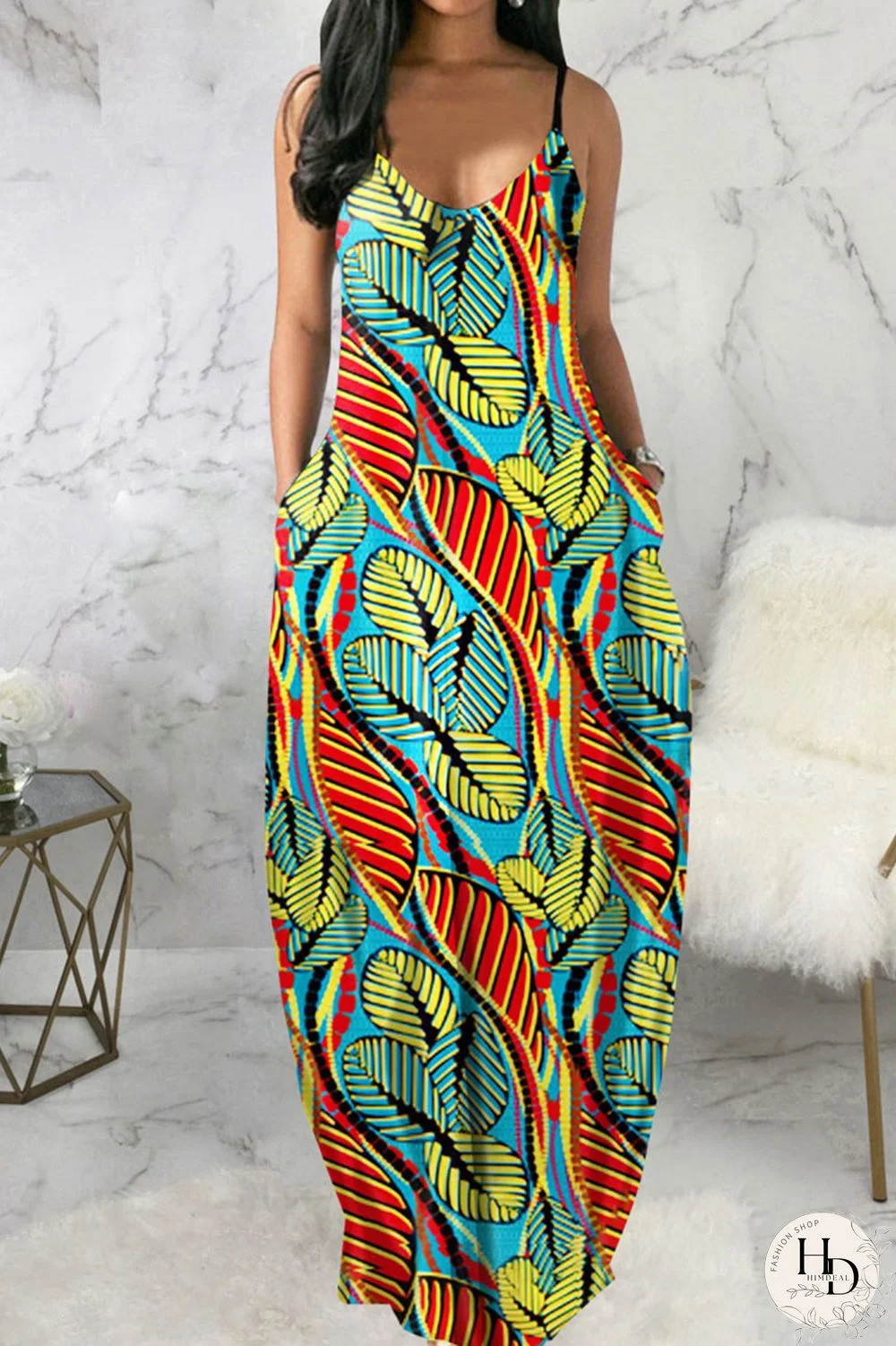 Blue Black Casual Print Patchwork Spaghetti Strap Sling Dress Dresses