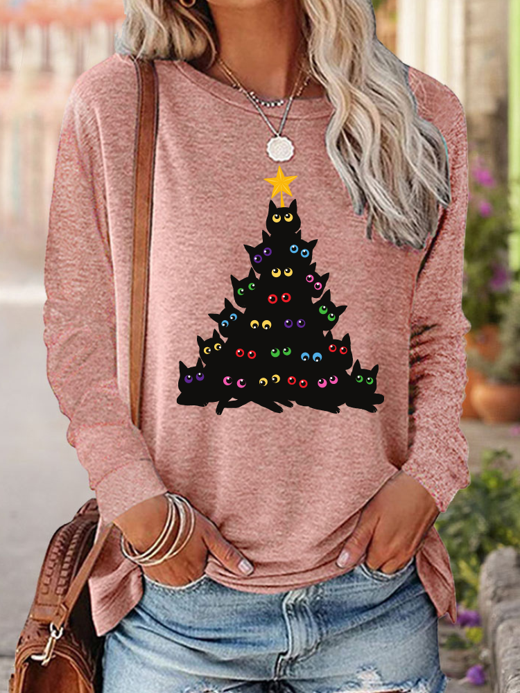 Womens Christmas Tree Cute Black Cat Christmas Print Crew Neck Long Sleeve Top