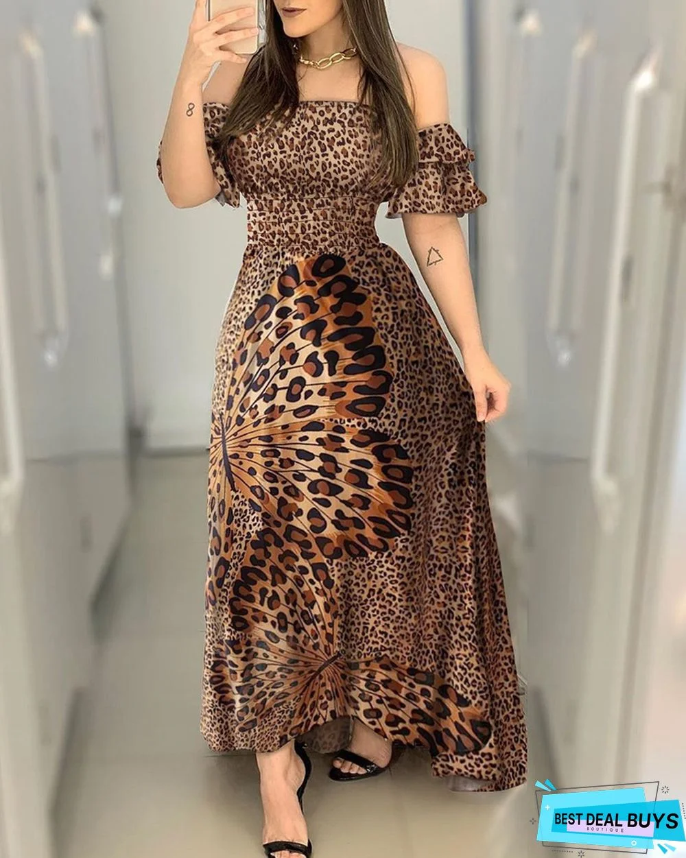 Butterfly Print Dress Leopard Print Off Shoulder Girdle Waist Big Swing Evening Dress Lotus Leaf Sleeve Long Skirt