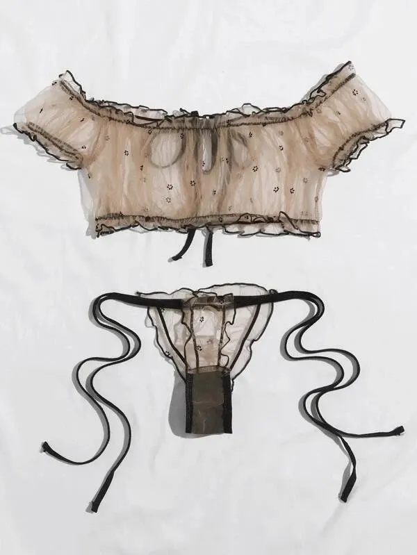 Churchf Sex Lingerie Sexy Women's Net Yarn Perspective Shoulder Bra Lingerie Set