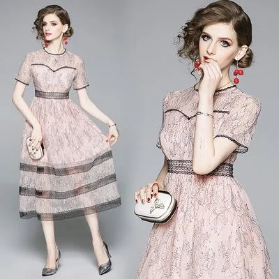 Fashion pink lace mid-length slim dress