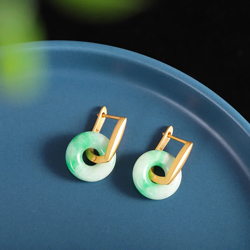 925 Sterling Silver Round Jade Prosperity Earrings