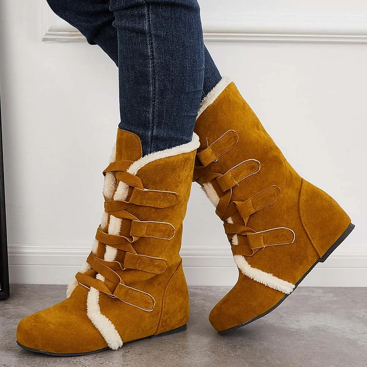 Warm Fur Mid Calf Snow Boots Wide Calf Hidden Wedge Boots