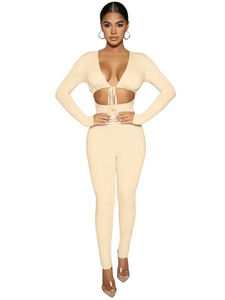 Women Summer 2023  Black Jumpsuits Bandage Tie  Hollow Out Long Sleeve Bodycon Gothic  Pants Suits Clothes