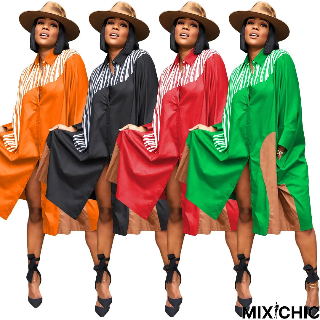 Plus Size Colorblock Loose Bat Sleeve Shirt Dress