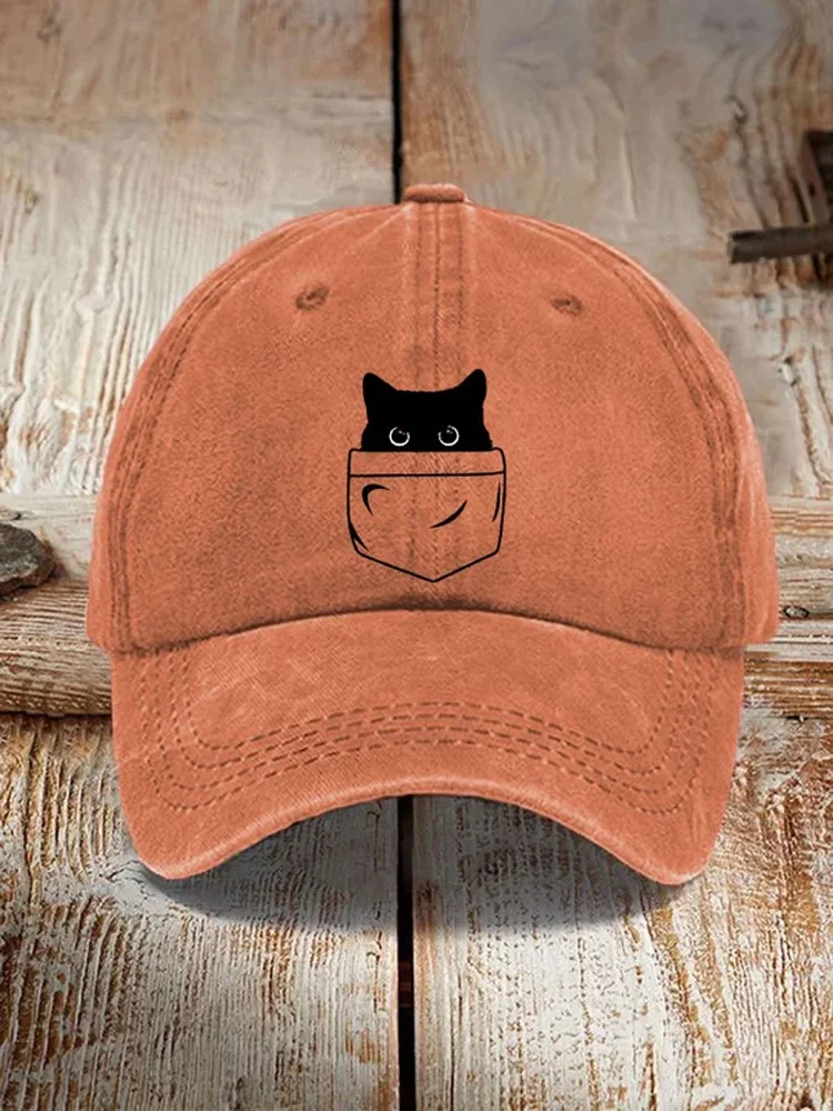 Japanese Art Black Cat Print Washed Hat