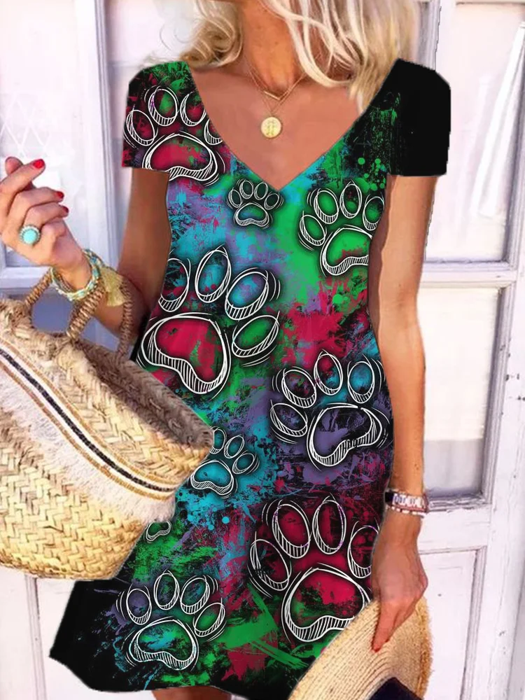 Abstract Dog Paws Art V Neck A Line Midi Dress