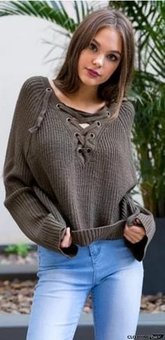 V Neck Solid Color Long Sleeve Knit Sweater