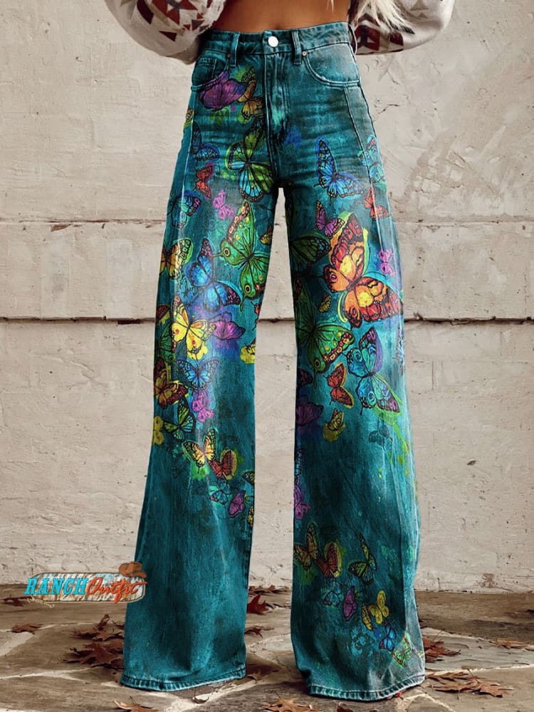 Women’s Vintage Western Cowboy Wild Print Casual Wide Leg Pants Multicolor / S