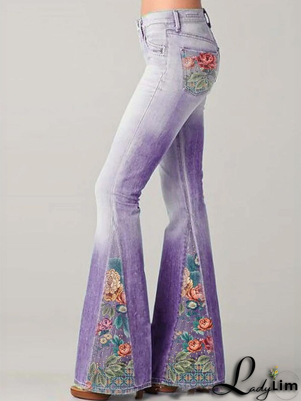Denim Casual Floral Pattern Pocket Flare Leg Pants