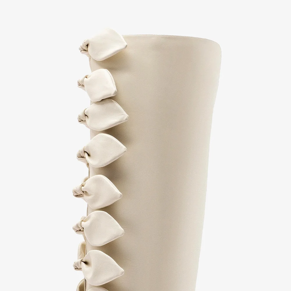 Ivory Pointed Toe Wide Calf Chunky High Heeled Tall Boots with Bows